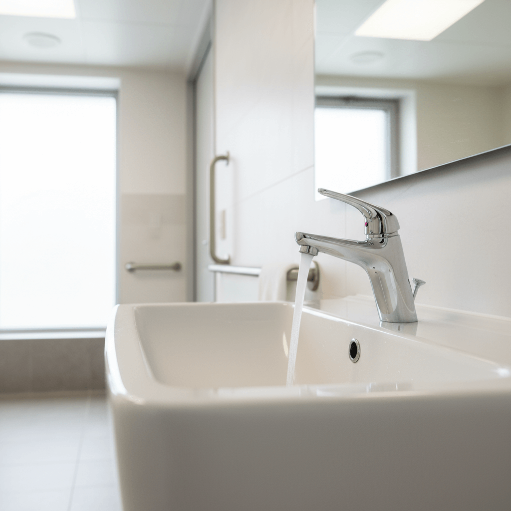 Bathroom sink with running water and a mirror reflecting the room.