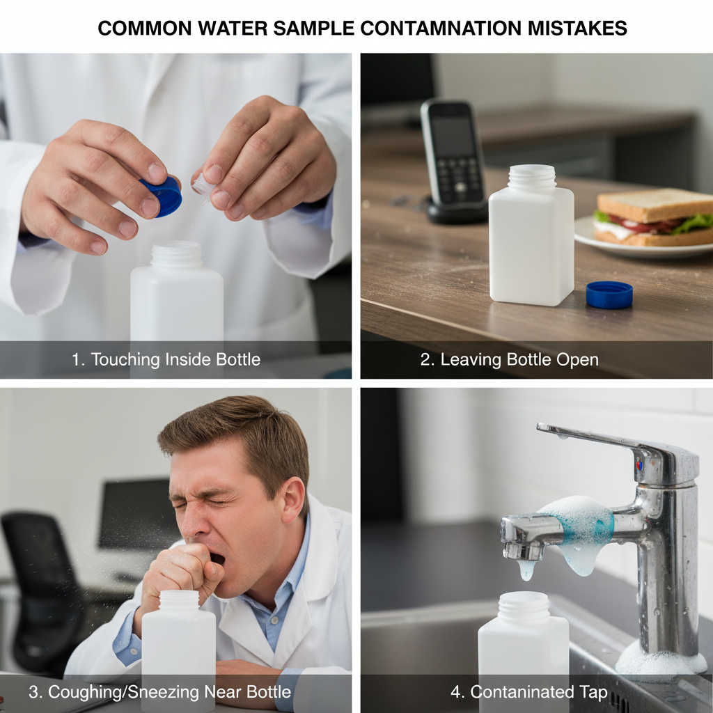 Common water sample contamination mistakes with labeled images and explanations.
