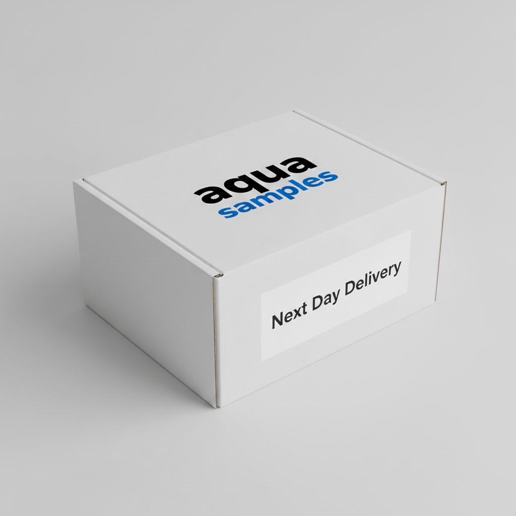 White delivery box with 'aqua samples' and 'Next Day Delivery' text on a light gray background