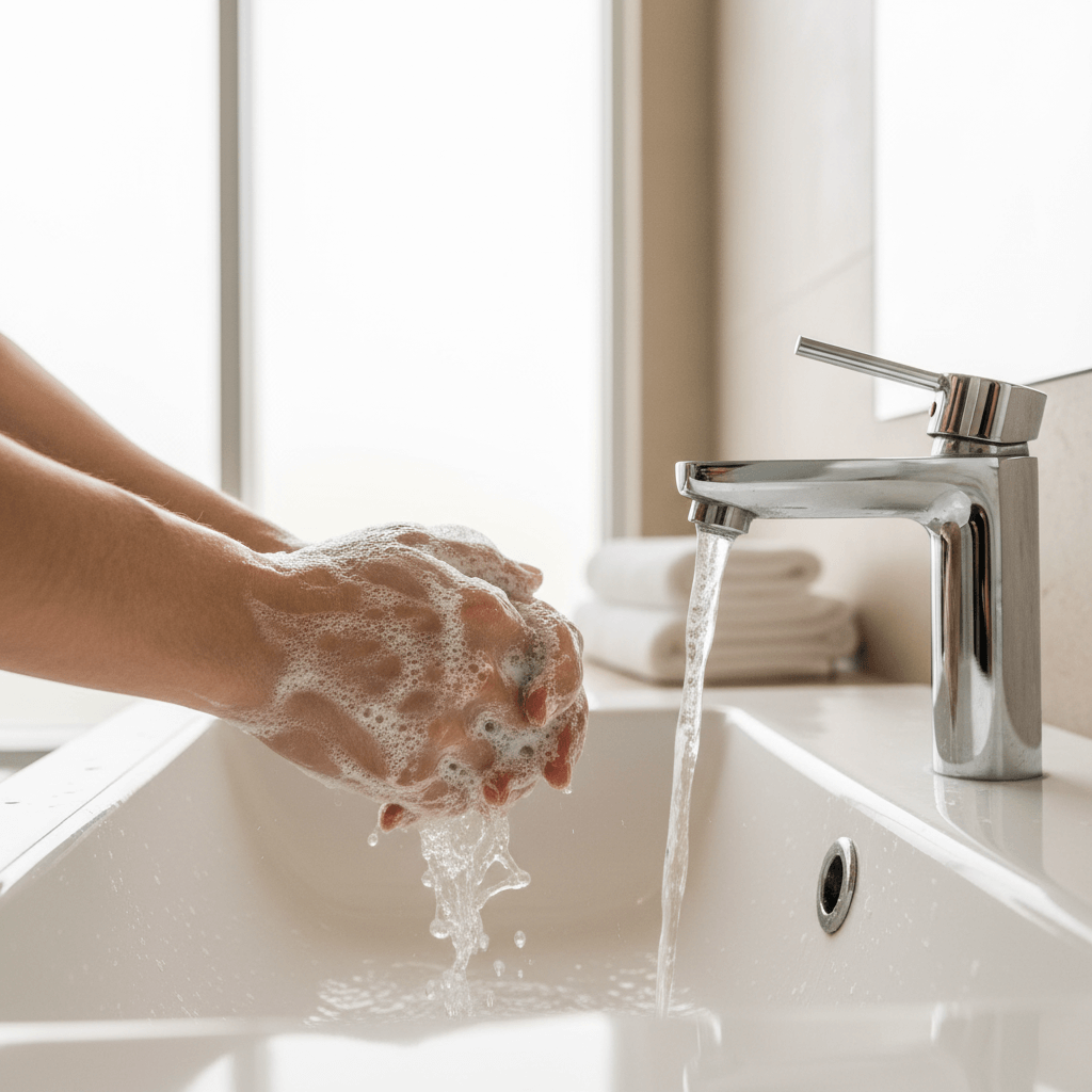 Person washing hands under a running faucet in a Washroom setting