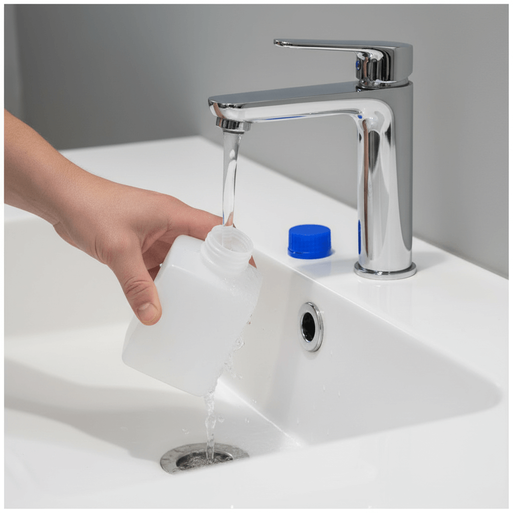 Person pouring water from a container into a sink with a faucet.